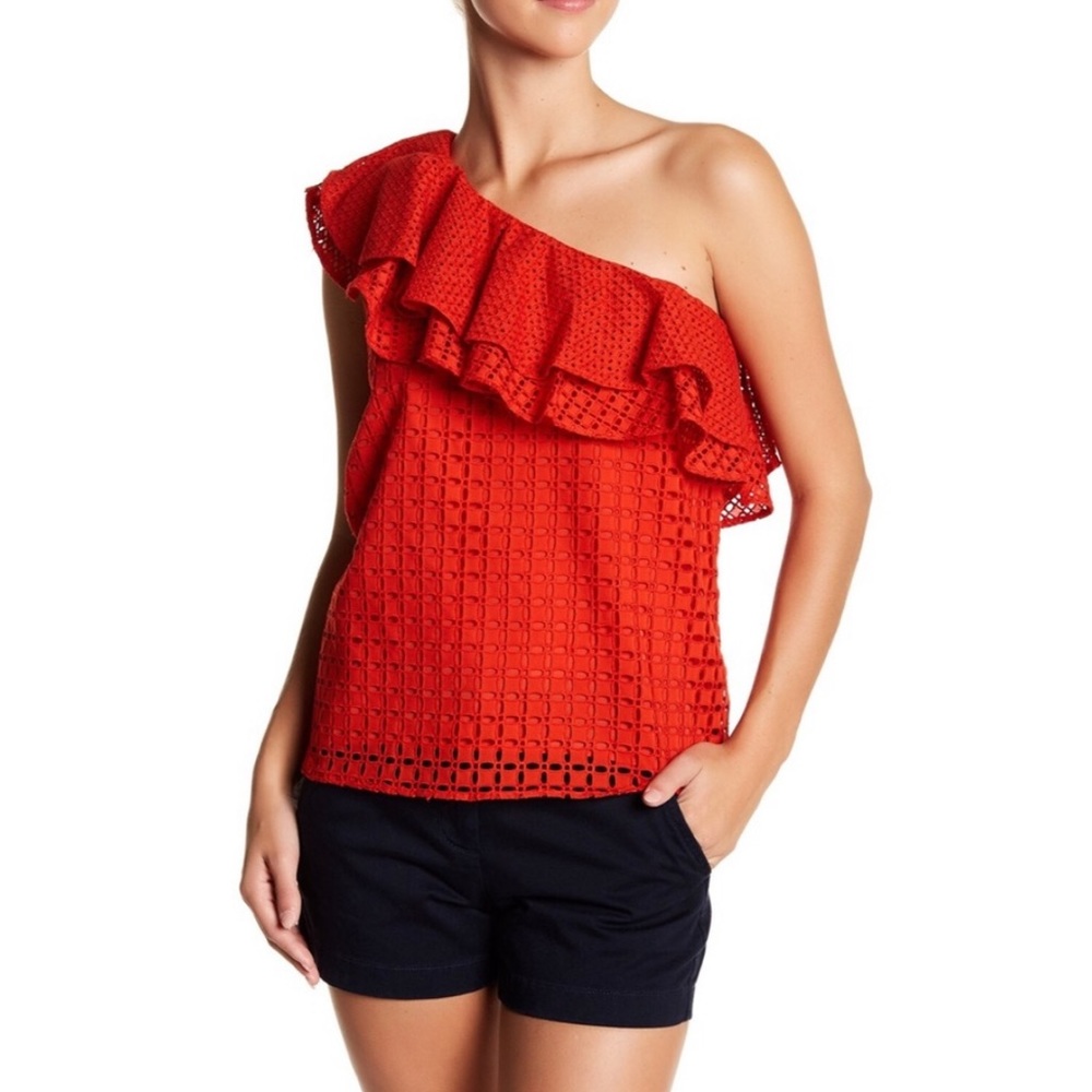 J. Crew Red Eyelet Ruffle Shoulder Blouse